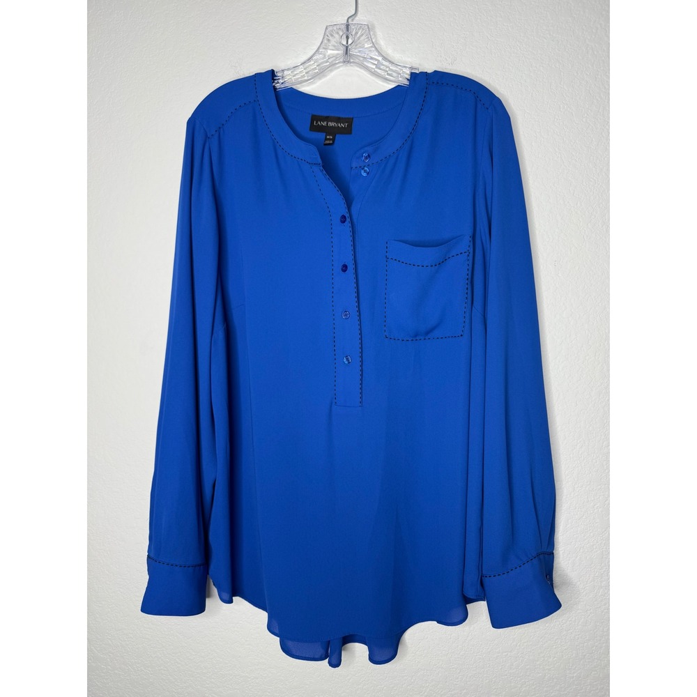 Lane Bryant Royal Blue Henley Blouse Long Sleeve‎ Contrast Stitch Women's 14/16